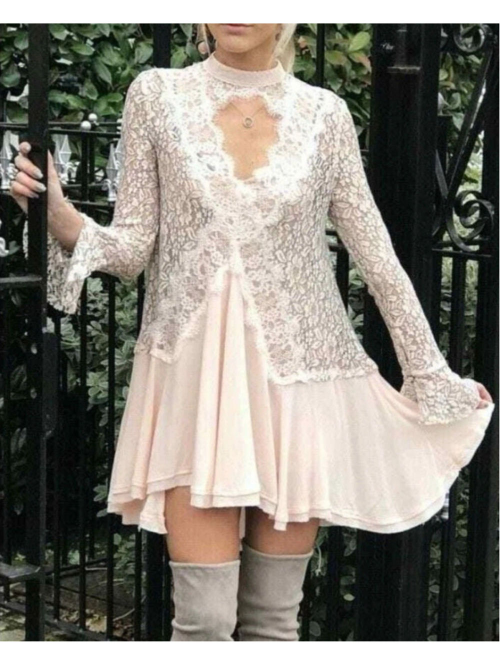 Free People Women's Tell Tale Lace Whimsigoth Dress Laced Boho Festival Vibe L